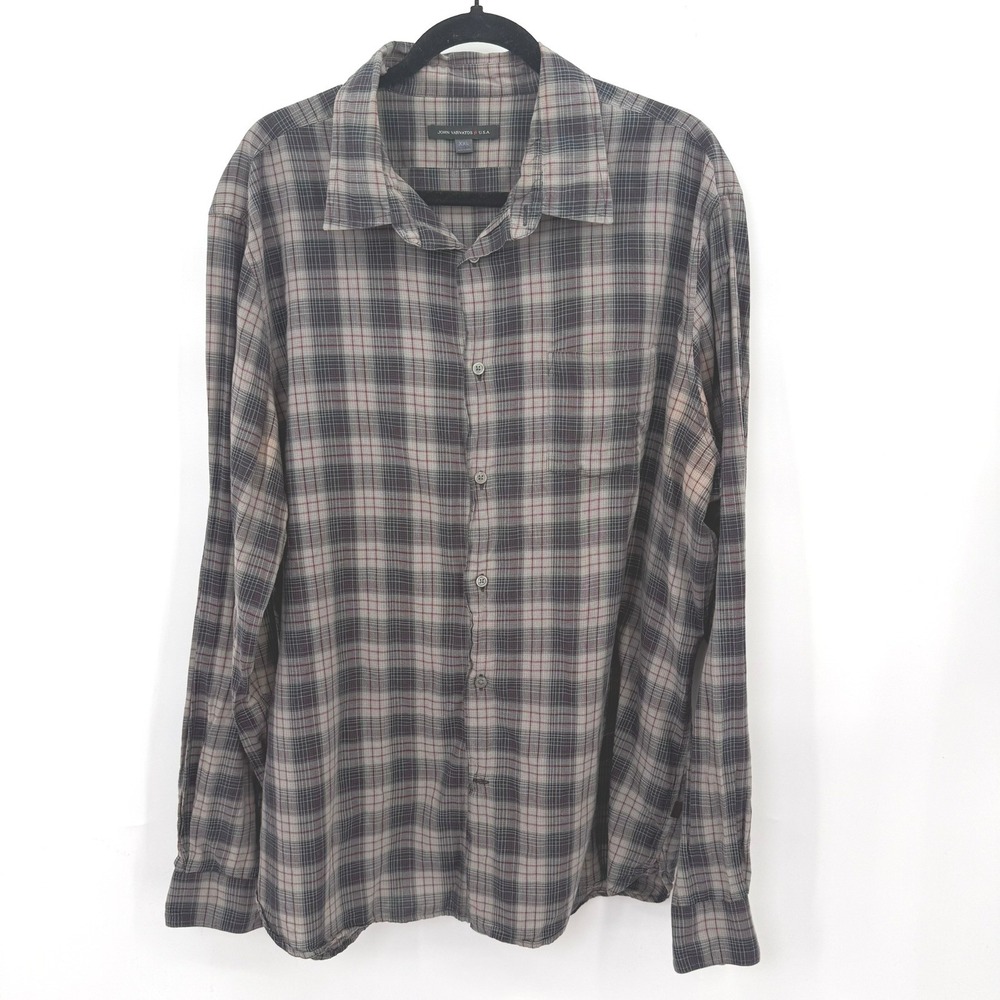 John Varvatos USA Button Up Shirt Men XXL Cotton Plaid Grunge Rocker Indie Flaw*